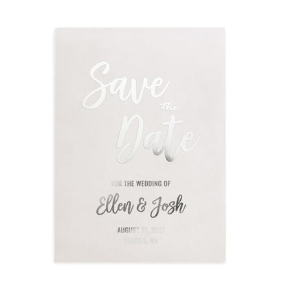 XOXOKristen minimalist Save the Date card with reflective silver foil print on smooth vellum, combining script and serif fonts for luxurious wedding style – XOXOKristen.