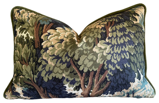 Verdure Tapestry Forest Pillow Cover with Swiss Velvet Piping in Gold or Olive Green - Annabel Bleu