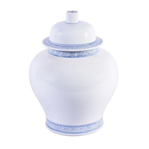 White Temple Jar With Blue Greek Key Trim